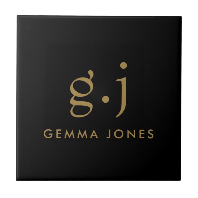 Monogram Classic Elegant Minimal Gold Black Ceramic Tile (Front)