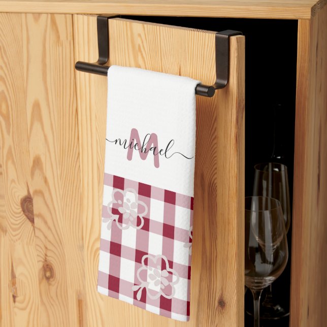 Monogram Classic Elegant Minimal Red and White  Tea Towel (Thirds Fold)