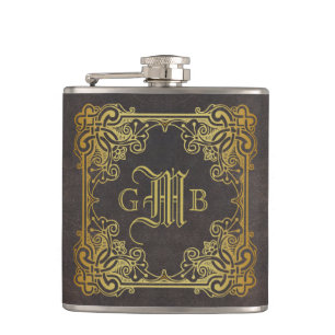 Monogram Classic Gold Frame Antique Leather Fancy Hip Flask