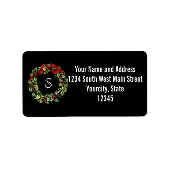 Monogram Classic Holly Wreath Custom Christmas Address Label