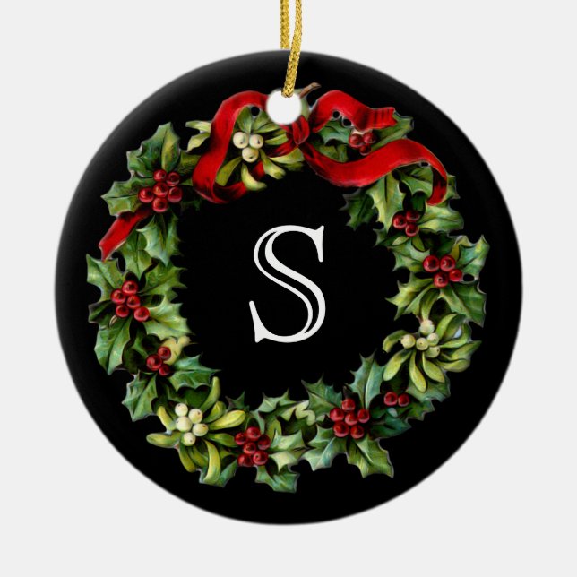 Monogram Classic Holly Wreath Custom Christmas Ceramic Tree Decoration (Front)