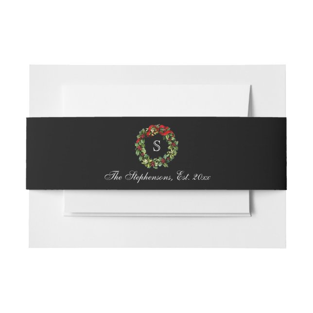 Monogram Classic Holly Wreath Custom Christmas Invitation Belly Band (Front Example)