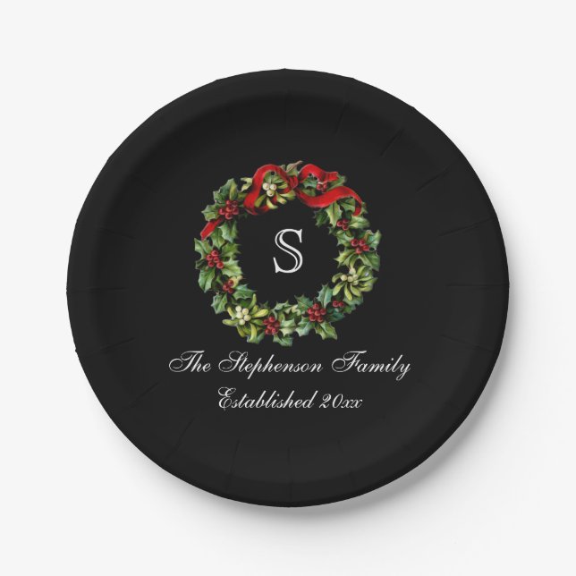 Monogram Classic Holly Wreath Custom Christmas Paper Plate (Front)