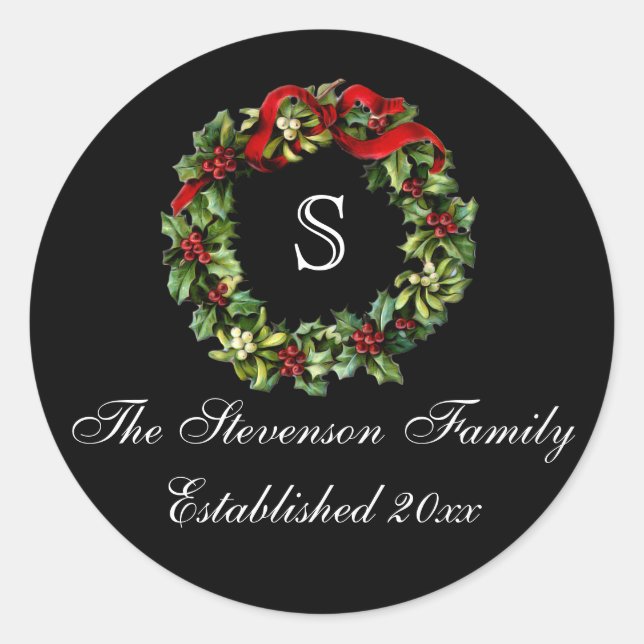 Monogram Classic Holly Wreath Custom Christmas Round Sticker (Front)