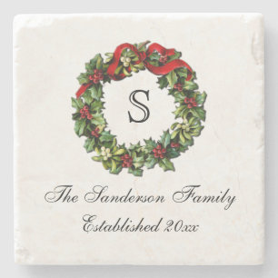 Monogram Classic Holly Wreath Custom Christmas Stone Coaster