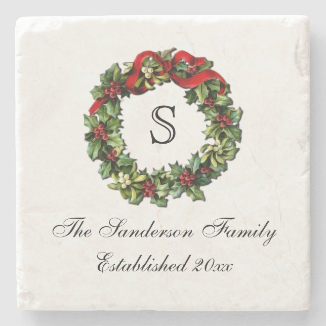 Monogram Classic Holly Wreath Custom Christmas Stone Coaster (Front)