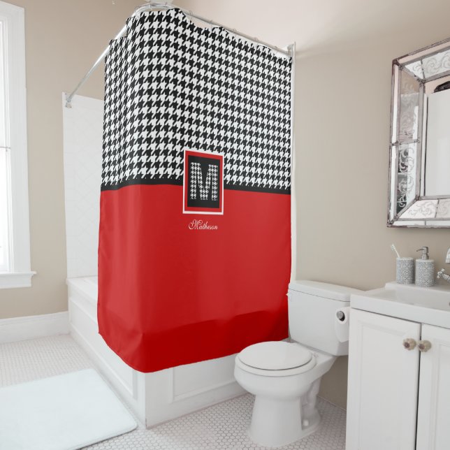 Monogram & Classic Houndstooth | Red Black White Shower Curtain (In Situ)