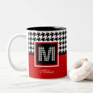 Monogram & Classic Houndstooth   Red Black White Two-Tone Coffee Mug