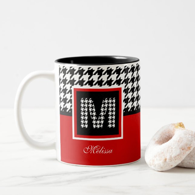 Monogram & Classic Houndstooth | Red Black White Two-Tone Coffee Mug (With Donut)