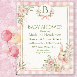 Monogram Classic Pink Girl Gingham Baby Shower Invitation