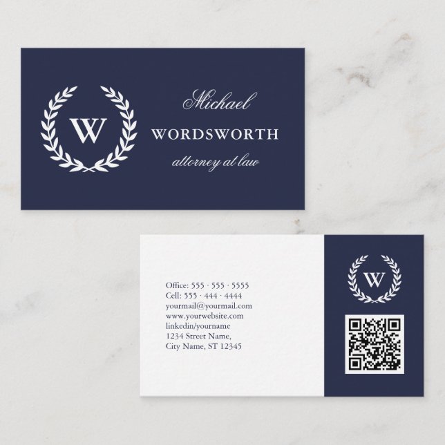 Monogram Classic Professional Blue White QR Code Business Card (Front/Back)