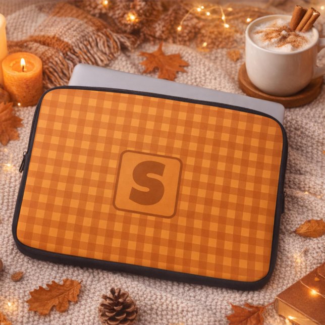 Monogram Classic Pumpkin Fall Gingham Plaid Laptop Sleeve (Creator Uploaded)