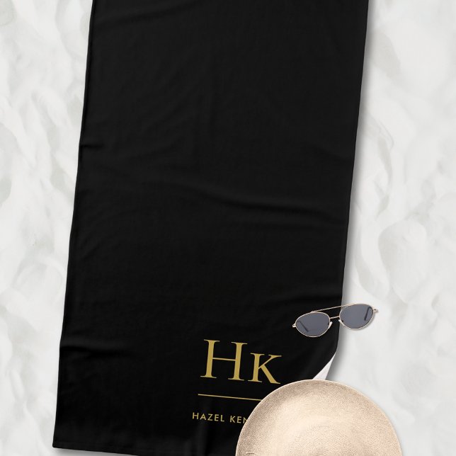 Monogram Classic Simple Chic Black Gold  Beach Towel (Creator Uploaded)