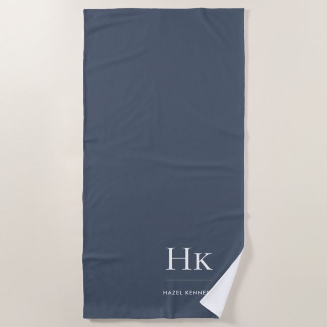 Monogram Classic Simple Navy White Monogrammed Beach Towel (Front)