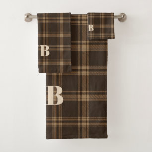 Monogram Classic Vintage Dark Brown & Beige Plaid Bath Towel Set