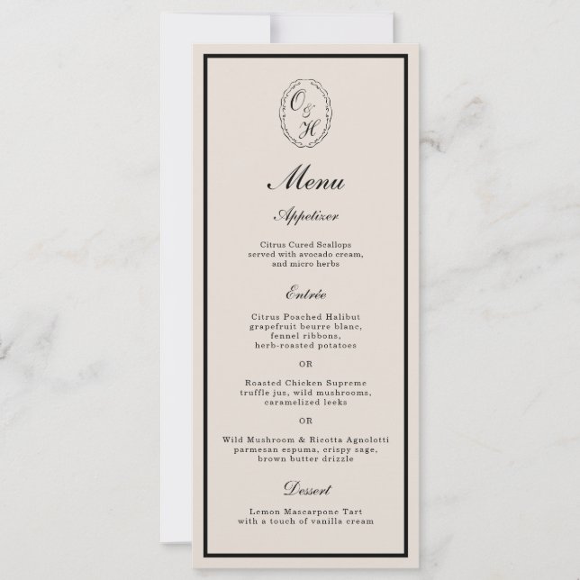 Monogram Classic Wedding Classic Long Menu Card (Front)