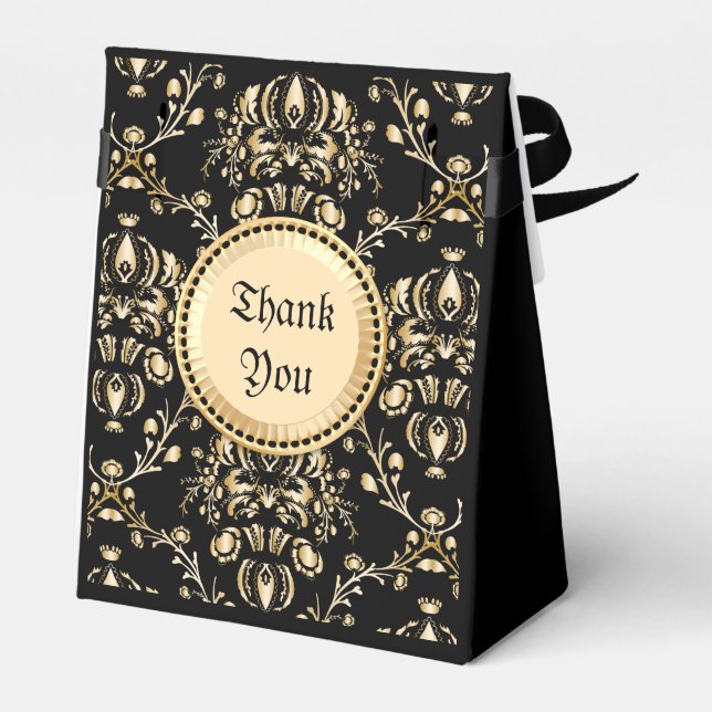 Monogram Classy Elegant Gold Damask Mediaeval Blac Favour Box (Back Side)