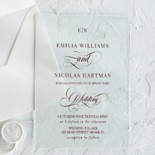 Monogram Clear Burgundy Calligraphy Wedding Acrylic Invitations