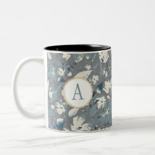 Monogram Clematis Grey Blue Watercolor Flowers Two-Tone Coffee Mug