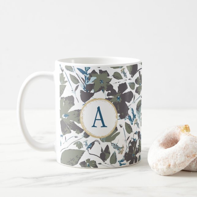 Monogram Clematis Vine Elegant Green Blue Floral Coffee Mug (With Donut)