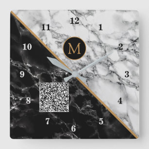 Monogram Clock Your QR Code - Black White Marble
