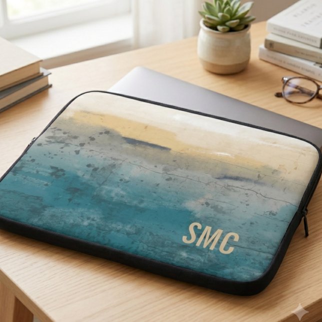 Monogram Coastal Abstract Laptop Sleeve (Monogrammed coastal art laptop sleeve on a desk — a chic gift for graduates and creatives)