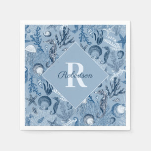 Monogram Coastal Blue Ocean  Napkin