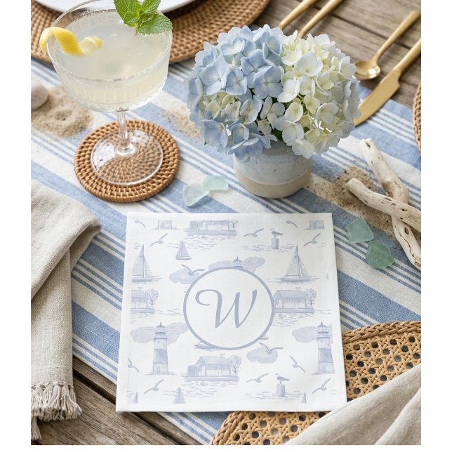 Monogram Coastal Toile | Preppy Entertaining Napkin (Creator Uploaded)
