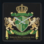 Monogram Coat of Arms Green Gold Lion Crown Emblem Square Wall Clock<br><div class="desc">Create your very own aristocratic Coat of Arms, Emblem, Insignia or Family Crest with this beautiful, classic escutcheon or shield design. Dark green patterns decorate a shield topped with golden crown and flanked by medieval heraldic lion or griffin. A matching top banner holds your custom wedding date / birth date...</div>
