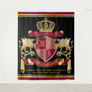 Monogram Coat of Arms Red Gold Dragon Crown Emblem Tapestry