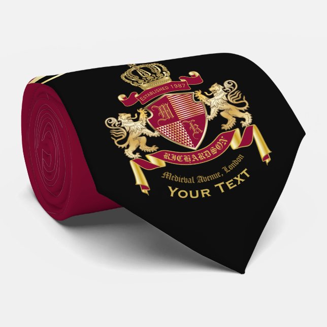 Monogram Coat of Arms Red Gold Lion Crown Emblem Tie (Rolled)
