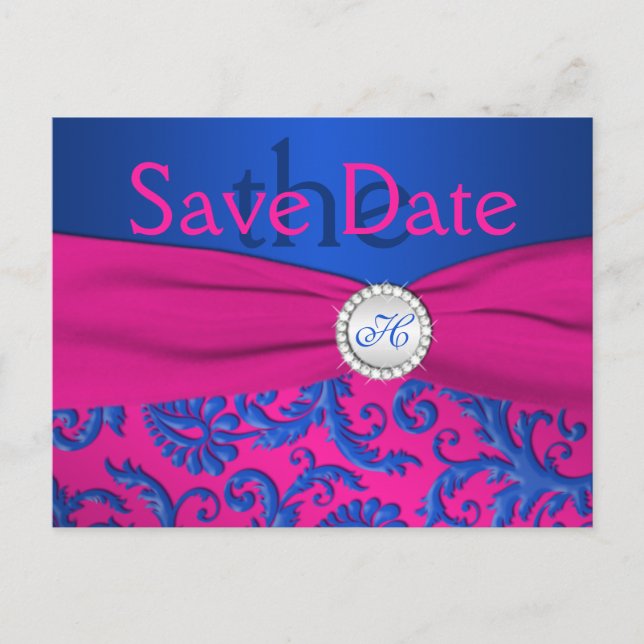 Monogram Cobalt and Fuchsia Save the Date Card (Front)