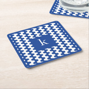 Monogram Cobalt Blue Bold Wavy Pattern Square Paper Coaster