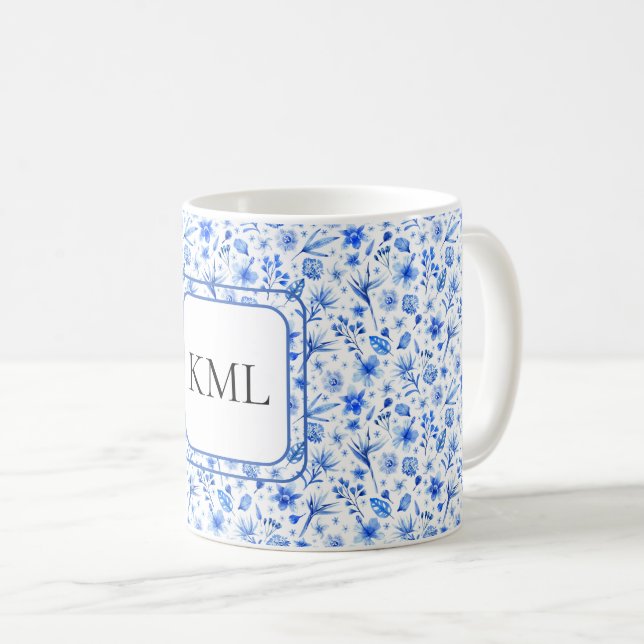 Monogram Cobalt Blue Flowers & Leaves Pattern 11oz Coffee Mug (Front Right)