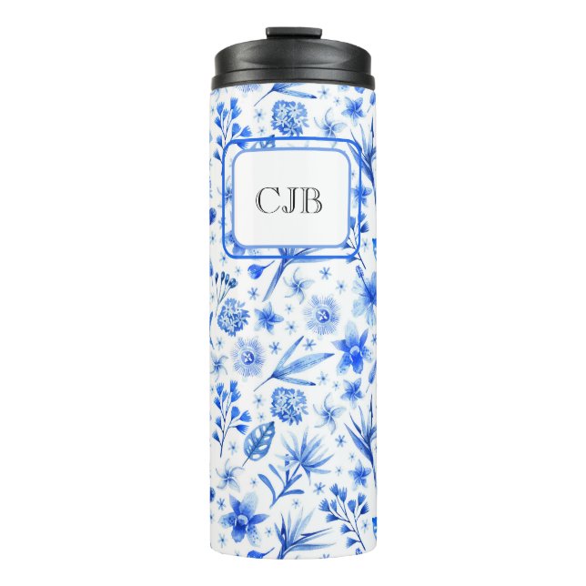 Monogram Cobalt Blue Flowers & Leaves Pattern 11oz Thermal Tumbler (Front)