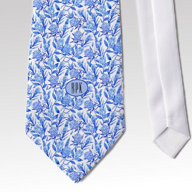 Monogram Cobalt Blue Protea Flower Pattern Tie (Creator Uploaded)