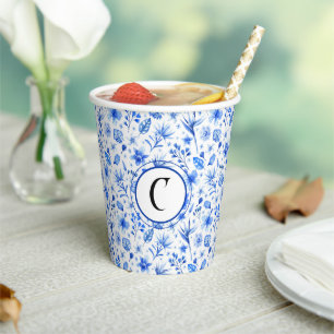 Monogram, Cobalt Blue Tropical Flowers Pattern 8oz Paper Cups