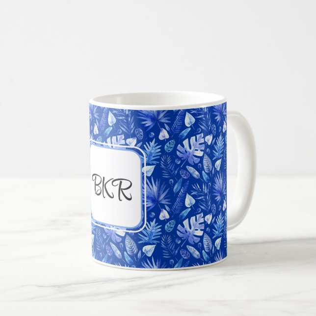 Monogram, Cobalt Blue Tropical Leaves Pattern 11oz Coffee Mug (Front Right)