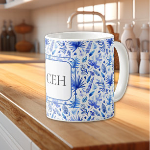 Monogram, Cobalt Blue Tropical Leaves Pattern 11oz Coffee Mug