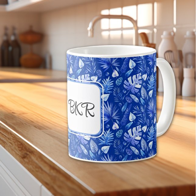 Monogram, Cobalt Blue Tropical Leaves Pattern 11oz Coffee Mug (Creator Uploaded)