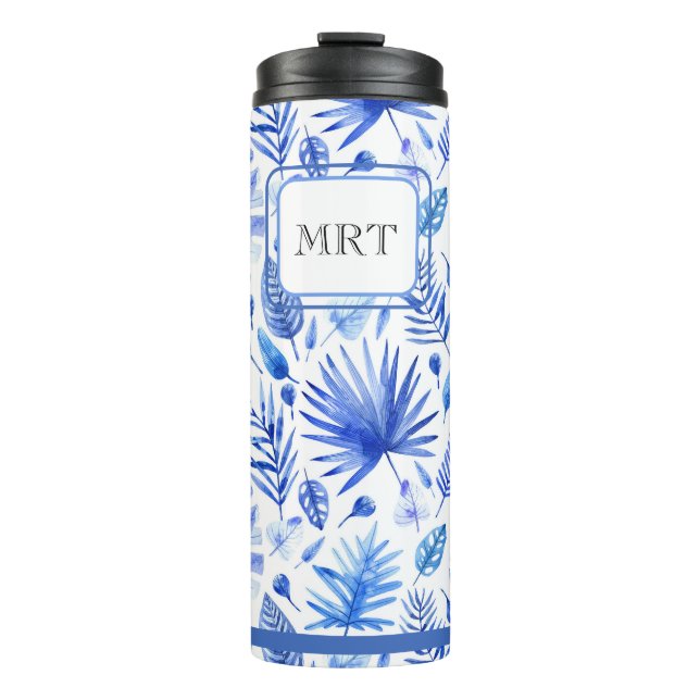 Monogram Cobalt Blue Tropical Leaves Pattern 11oz Thermal Tumbler (Front)