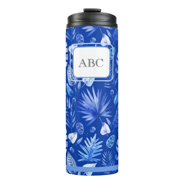 Monogram Cobalt Blue Tropical Leaves Pattern 11oz Thermal Tumbler (Front)