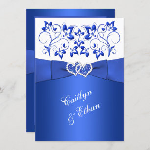 Monogram Cobalt Blue, White Floral Wedding Invite