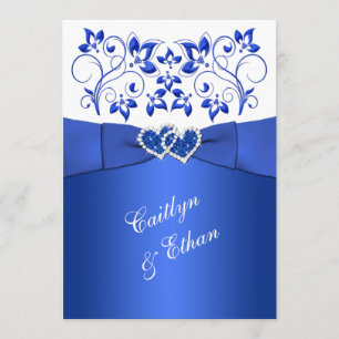 Monogram Cobalt Blue, White Floral Wedding Invite