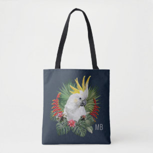 Monogram Cockatoo Bird Tropical Flowers Stylish Tote Bag