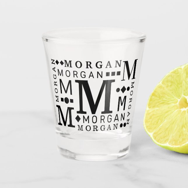 Monogram Collage Black Modern Personalized Shot Glass (Front)