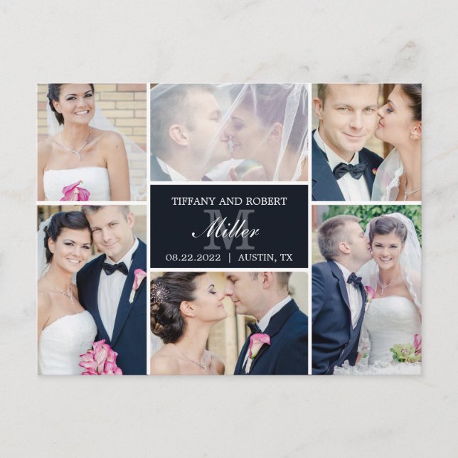 Monogram Collage Wedding Announcement - Black Postcard (Front)
