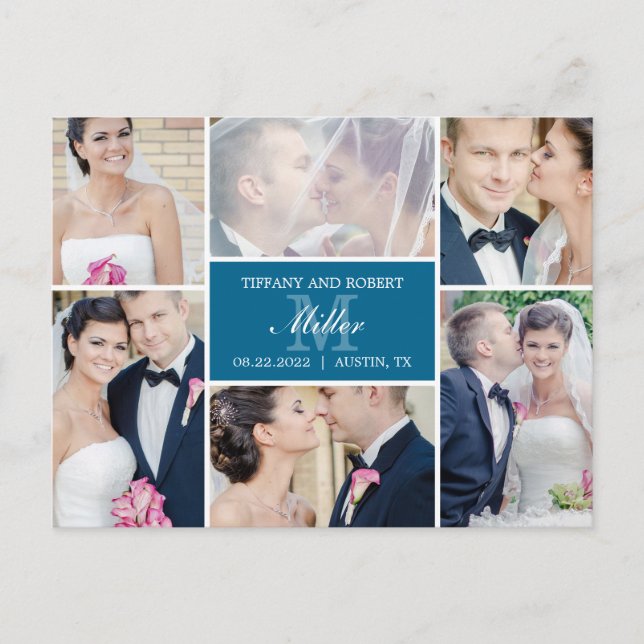 Monogram Collage Wedding Announcement - Blue Postcard (Front)