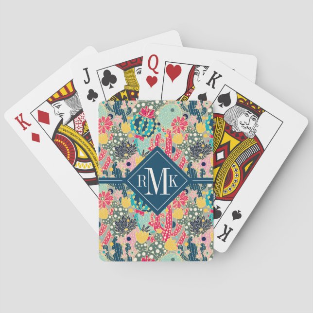 Monogram | Colorful Polka Dot Cactus Pattern Playing Cards (Back)