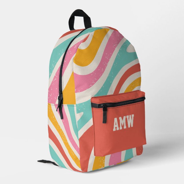  Monogram Colorful Retro Wavy Stripes Printed Backpack (Back Corner Left)